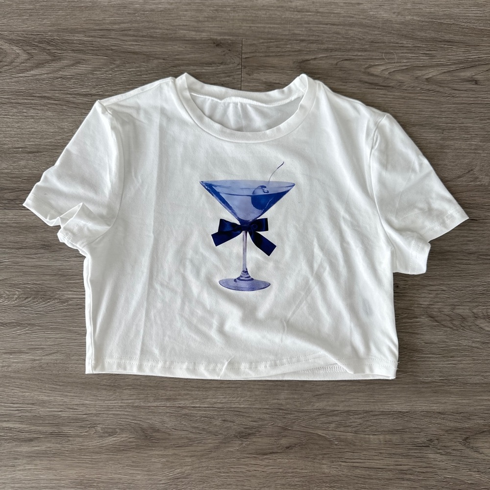 white graphic martini baby tee (NEVER WORN)